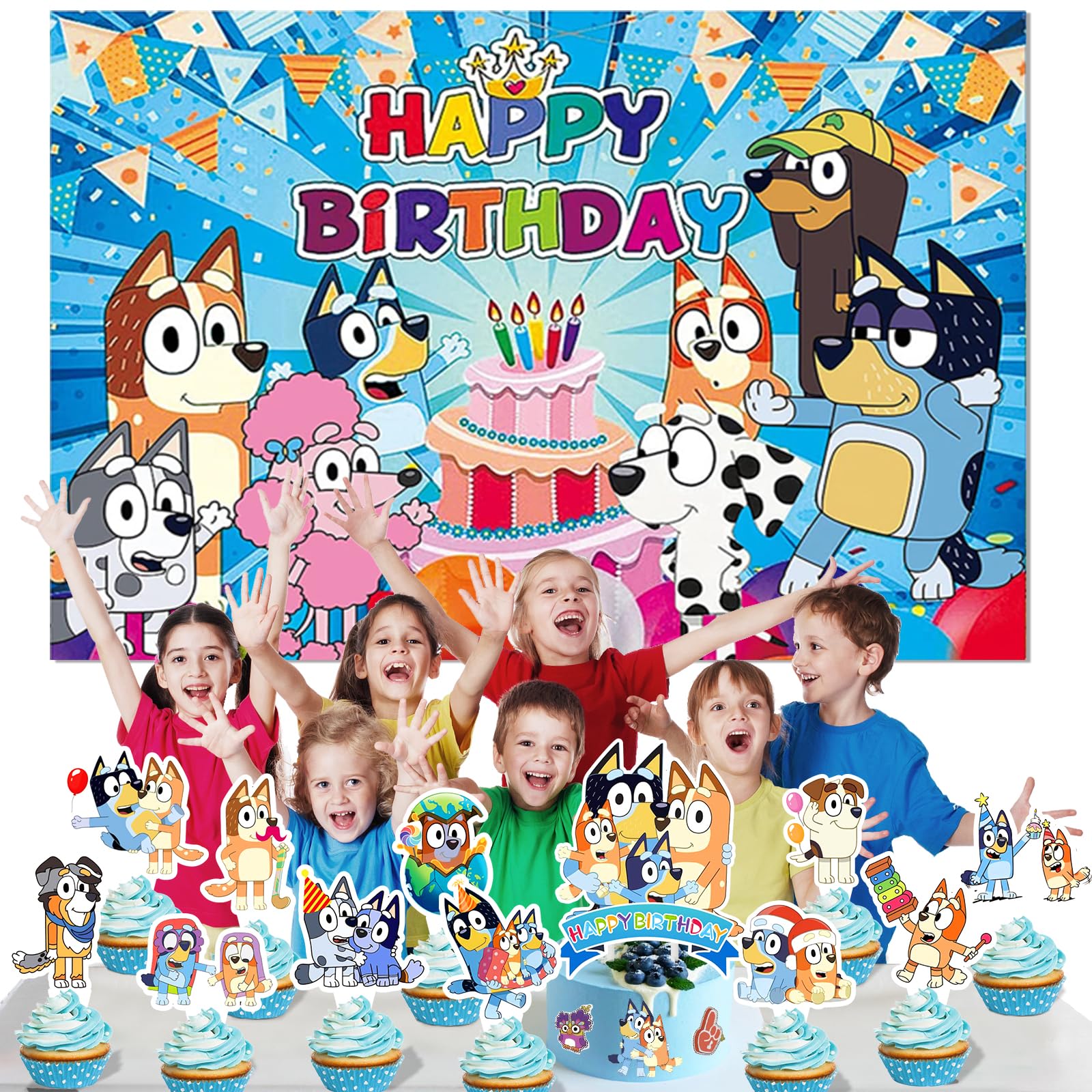 30PCS Blue Dog Cake Cupcake Topper Decorations Cartoon Dog Happy Birthday Party Supplies for Kids Party Favors