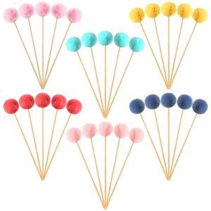 sintuff 30 pcs colorful pompom cake toppers mini pompom cupcake toppers pompom cake picks party cake decorations for birthday baby shower wedding anniversary supplies