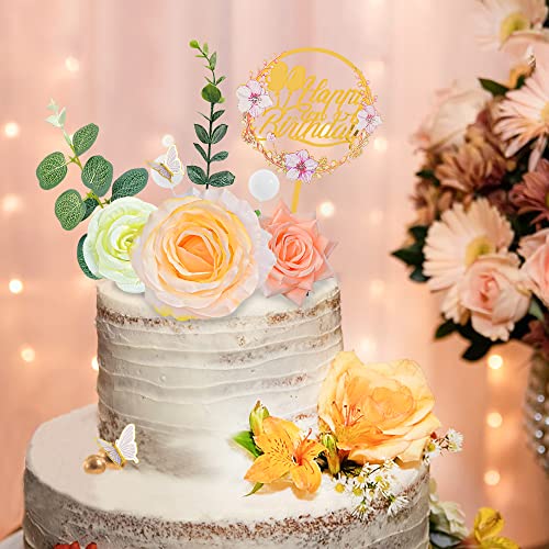 28pcs Flower Cake Topper 3D Butterfly Acrylic Happy Birthday Cake Toppers Artificial Carnation Rose Flowers Eucalyptus Leaves Cake Decorations for Birthday Party Wedding Baby Shower Supplies