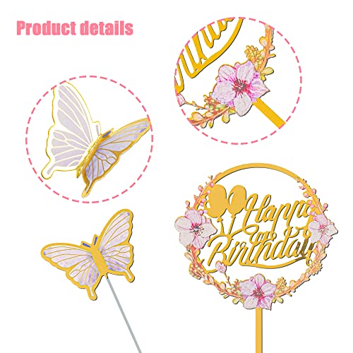 28pcs Flower Cake Topper 3D Butterfly Acrylic Happy Birthday Cake Toppers Artificial Carnation Rose Flowers Eucalyptus Leaves Cake Decorations for Birthday Party Wedding Baby Shower Supplies