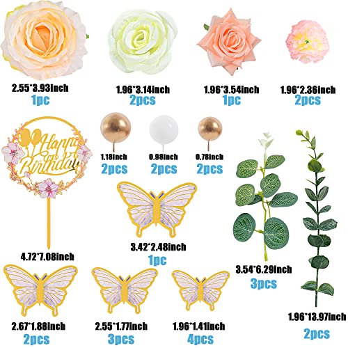 28pcs Flower Cake Topper 3D Butterfly Acrylic Happy Birthday Cake Toppers Artificial Carnation Rose Flowers Eucalyptus Leaves Cake Decorations for Birthday Party Wedding Baby Shower Supplies