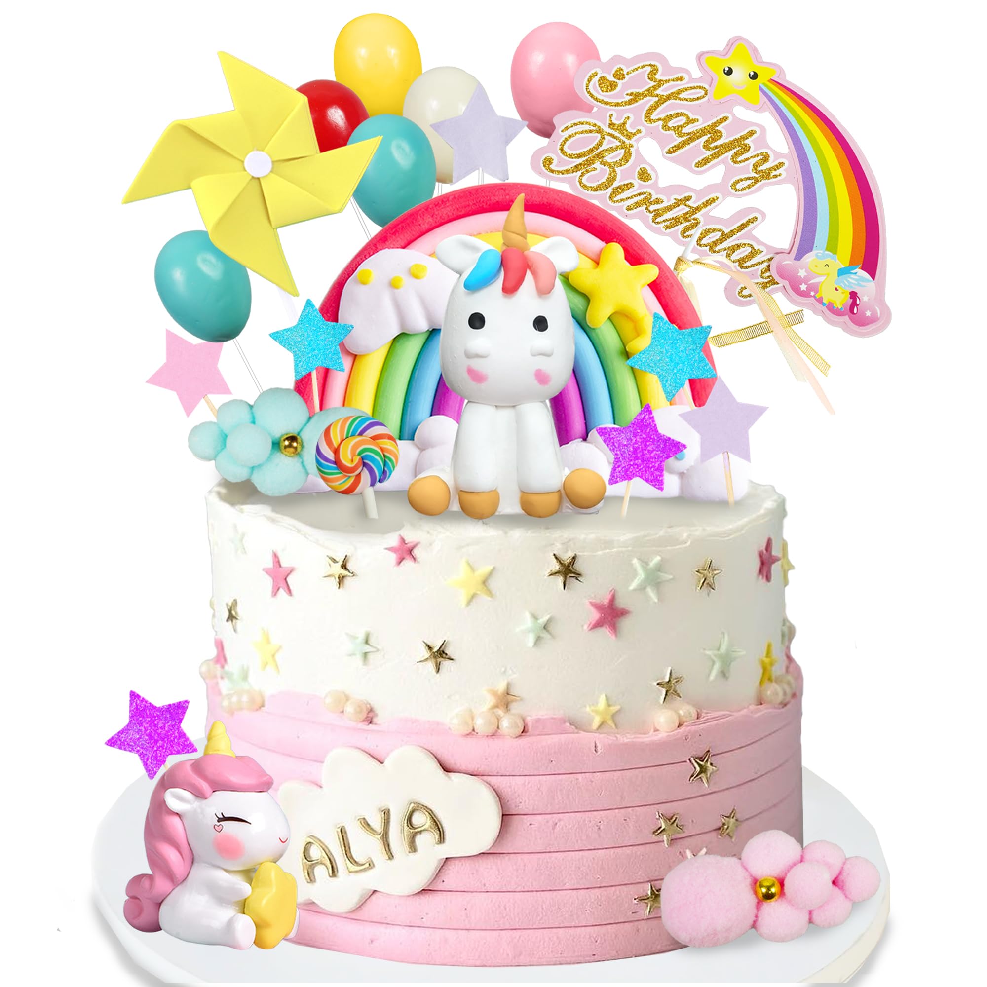 24 PCS Unicorn Cake Topper, Unicorn Rainbow Cake Decorations with Rainbow Stars Unicorn Ballons Happy Birthday Cake Decorations for Boys Girls Kids Birthday (Style 3)