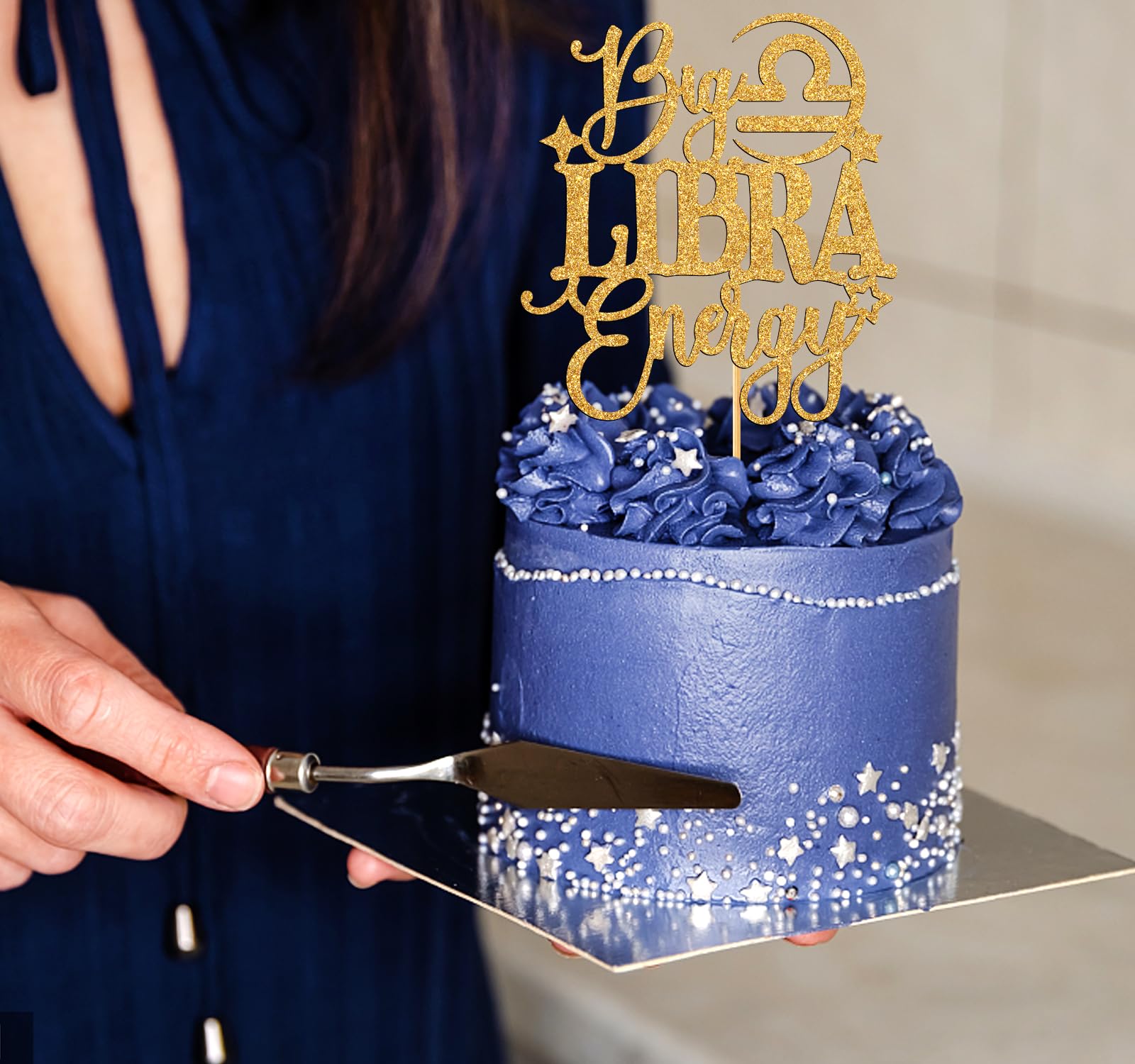 Big Libra Energy Cake Topper, Happy Birthday Libra in September/October, Libra Season, 12 Zodiac Constellation Theme Birthday Party Decoration Supplies, Gold Glitter