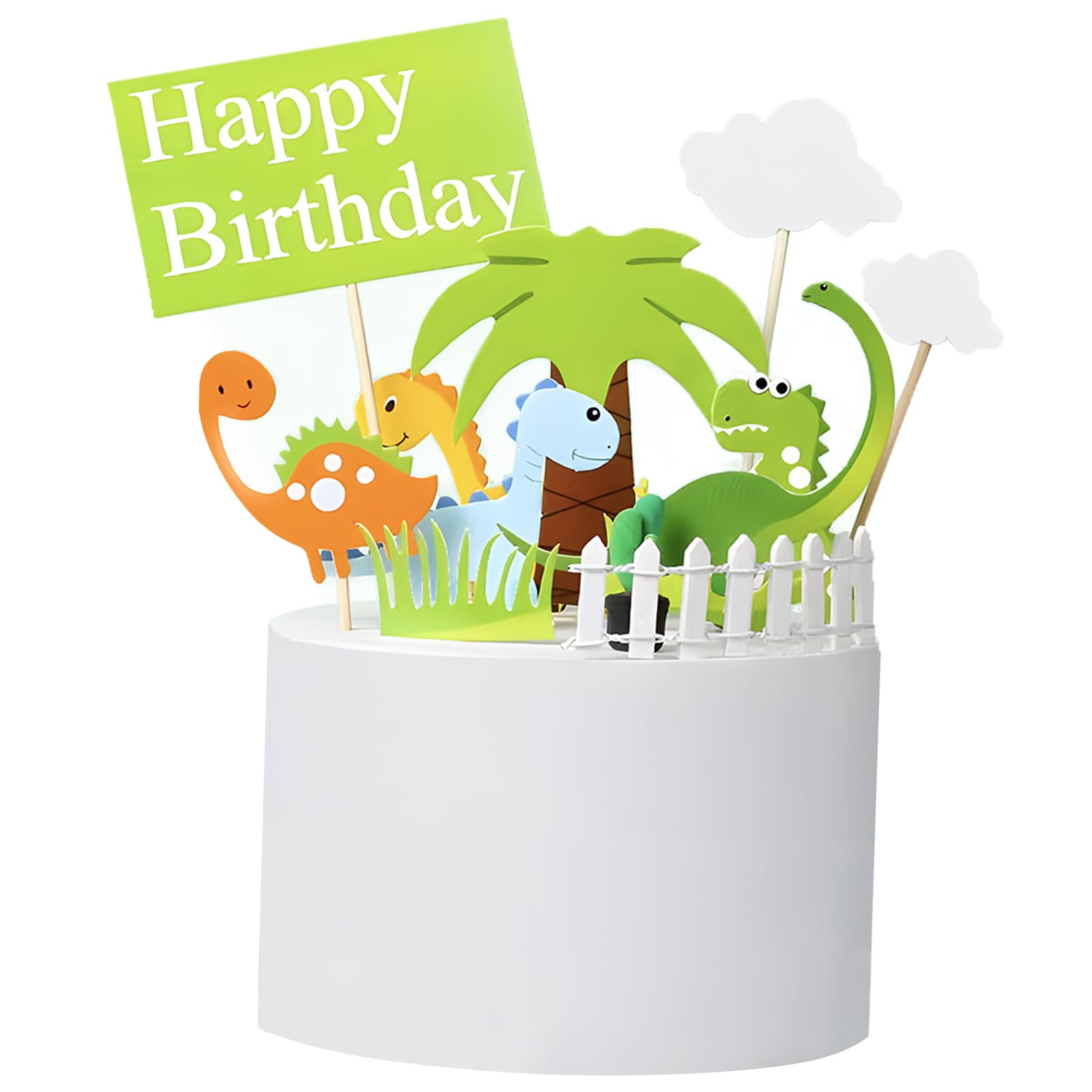 Dinosaur Cake Toppers for Boys and Girls, Dinosaur Cupcake Toppers Happy Birthday for Kids 1 2 3 4 5 6 7 8 year olds, Birthday Cake Decorations Cards Party Supplies with Clouds and Tree