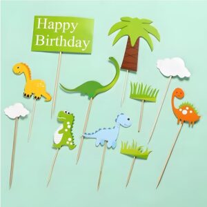 Dinosaur Cake Toppers for Boys and Girls, Dinosaur Cupcake Toppers Happy Birthday for Kids 1 2 3 4 5 6 7 8 year olds, Birthday Cake Decorations Cards Party Supplies with Clouds and Tree