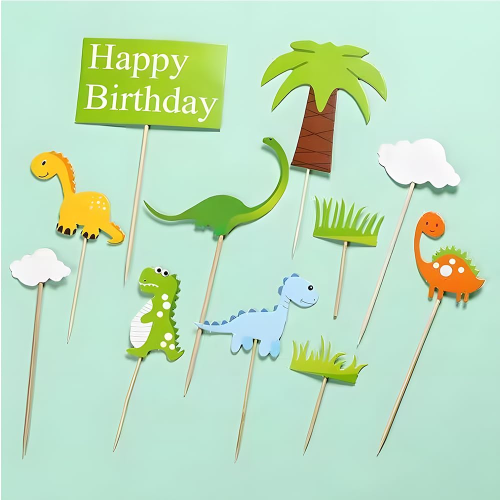 Dinosaur Cake Toppers for Boys and Girls, Dinosaur Cupcake Toppers Happy Birthday for Kids 1 2 3 4 5 6 7 8 year olds, Birthday Cake Decorations Cards Party Supplies with Clouds and Tree