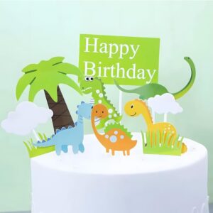 Dinosaur Cake Toppers for Boys and Girls, Dinosaur Cupcake Toppers Happy Birthday for Kids 1 2 3 4 5 6 7 8 year olds, Birthday Cake Decorations Cards Party Supplies with Clouds and Tree