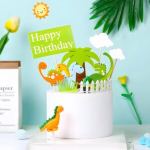 Dinosaur Cake Toppers for Boys and Girls, Dinosaur Cupcake Toppers Happy Birthday for Kids 1 2 3 4 5 6 7 8 year olds, Birthday Cake Decorations Cards Party Supplies with Clouds and Tree