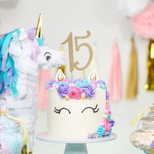 Honbay 15 Birthday Cake Topper Sparkly Bling Alloy Crystal Rhinestones Cake Topper Cake Decoration for 15th Birthday or Anniversary Party (Gold)