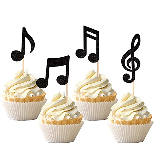 24 PCS Music Notes Cupcake Toppers Black Glitter Musical Symbol Cupcake Picks for Rock Music Concert Theme Baby Shower Wedding Birthday Party Cake Decorations Supplies