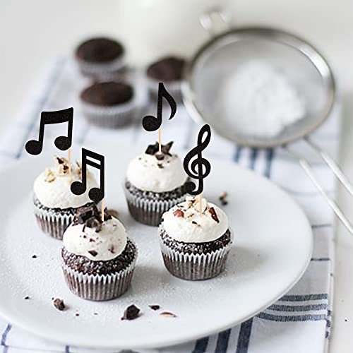 24 PCS Music Notes Cupcake Toppers Black Glitter Musical Symbol Cupcake Picks for Rock Music Concert Theme Baby Shower Wedding Birthday Party Cake Decorations Supplies