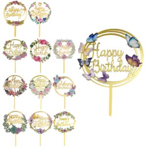 zilphoba 12pcs happy birthday cake toppers, flower acrylic gold birthday party cupcake decorations