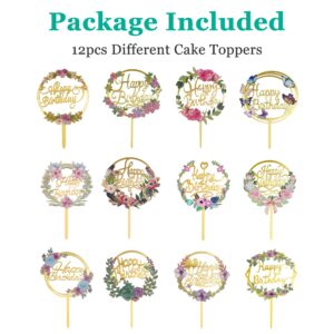 Zilphoba 12pcs Happy Birthday Cake Toppers, Flower Acrylic Gold Birthday Party Cupcake Decorations