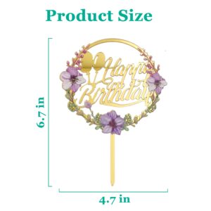 Zilphoba 12pcs Happy Birthday Cake Toppers, Flower Acrylic Gold Birthday Party Cupcake Decorations