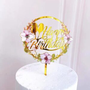 Zilphoba 12pcs Happy Birthday Cake Toppers, Flower Acrylic Gold Birthday Party Cupcake Decorations