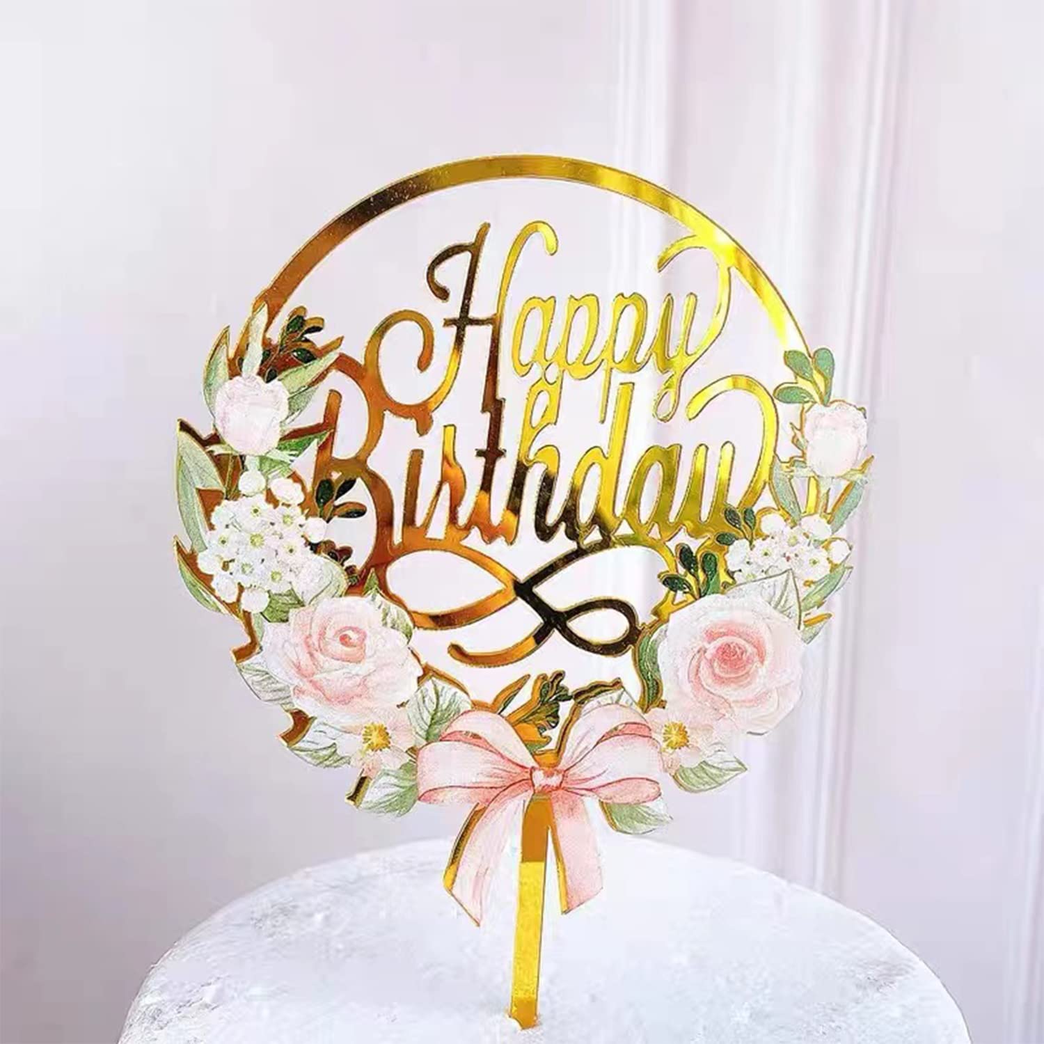 Zilphoba 12pcs Happy Birthday Cake Toppers, Flower Acrylic Gold Birthday Party Cupcake Decorations