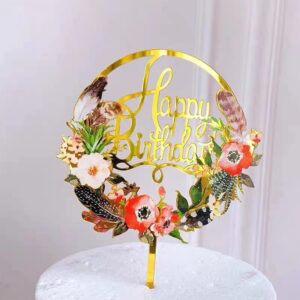 Zilphoba 12pcs Happy Birthday Cake Toppers, Flower Acrylic Gold Birthday Party Cupcake Decorations