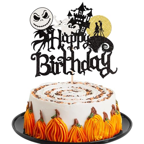 1 PCS Halloween Happy Birthday Cake Topper Glitter Jack and Sally Castle Ghost Halloween Cake Pick for Nightmare Before Christmas Theme Baby Shower Birthday Party Cake Decorations Supplies