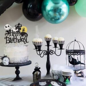 1 PCS Halloween Happy Birthday Cake Topper Glitter Jack and Sally Castle Ghost Halloween Cake Pick for Nightmare Before Christmas Theme Baby Shower Birthday Party Cake Decorations Supplies