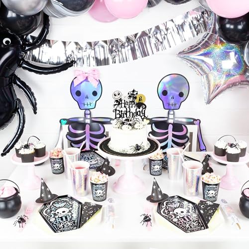 1 PCS Halloween Happy Birthday Cake Topper Glitter Jack and Sally Castle Ghost Halloween Cake Pick for Nightmare Before Christmas Theme Baby Shower Birthday Party Cake Decorations Supplies