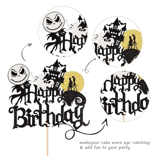 1 PCS Halloween Happy Birthday Cake Topper Glitter Jack and Sally Castle Ghost Halloween Cake Pick for Nightmare Before Christmas Theme Baby Shower Birthday Party Cake Decorations Supplies