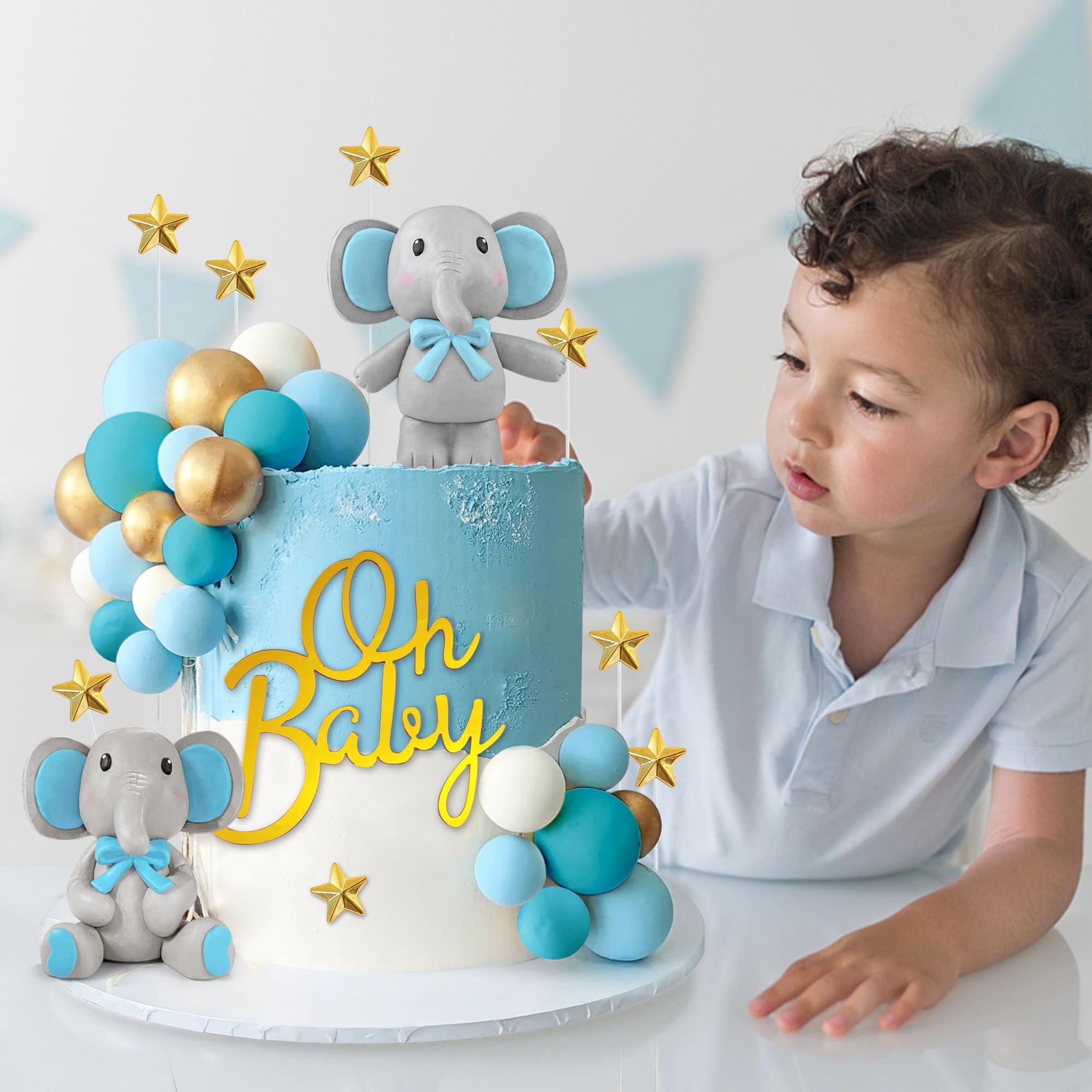 43 PCS Blue Elephant Cake Decoration Cute Baby Elephant Cake Decorations Oh Baby Cake Topper Star Cake Topper Blue Pearl Balls Cake Picks for Baby Shower Boy Elephant Theme Party Supplies