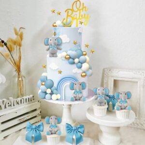 43 PCS Blue Elephant Cake Decoration Cute Baby Elephant Cake Decorations Oh Baby Cake Topper Star Cake Topper Blue Pearl Balls Cake Picks for Baby Shower Boy Elephant Theme Party Supplies