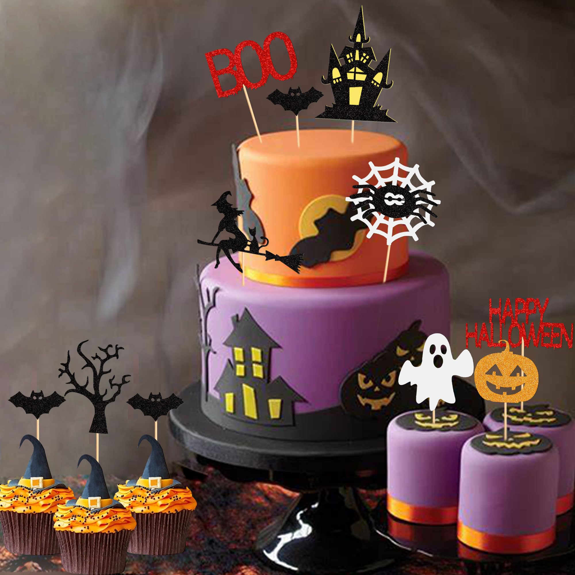 33 pcs Halloween Cake Topper Cupcake topper Haunted House Cake Topper Halloween Cake Decoration Ghost Cake Decoration Pumpkin Cupcake Decoration for Wizard Party Ghost Party Spider Party (33 pcs)