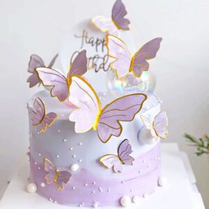 Purple Butterfly Cake Toppers, 11pcs Butterfly Cupcake Toppers Happy Birthday Metal Gold Happy Birthday Cake Topper for Girls Women's Birthday Cake Party Decorations