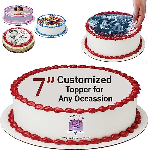 7” Circles Eatable Custom Print Cake Topper - Create Logo Sticker Personalized Images Pictures for Theme Party Events Occassion - 1 Per Sheet, Gluten Soy, Trans Fat Free, No Known Allergens