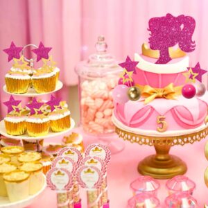 MEMOVAN Hot Pink Girl Cake Toppers 36pcs Ball Cake Decorations with Hot Pink Gold Balls Shiny Stars for Boho Girl Hot Pink Princess Theme Wedding Baby Shower Birthday Party Supplies