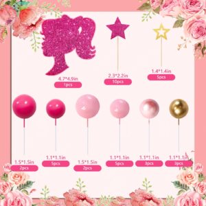 MEMOVAN Hot Pink Girl Cake Toppers 36pcs Ball Cake Decorations with Hot Pink Gold Balls Shiny Stars for Boho Girl Hot Pink Princess Theme Wedding Baby Shower Birthday Party Supplies