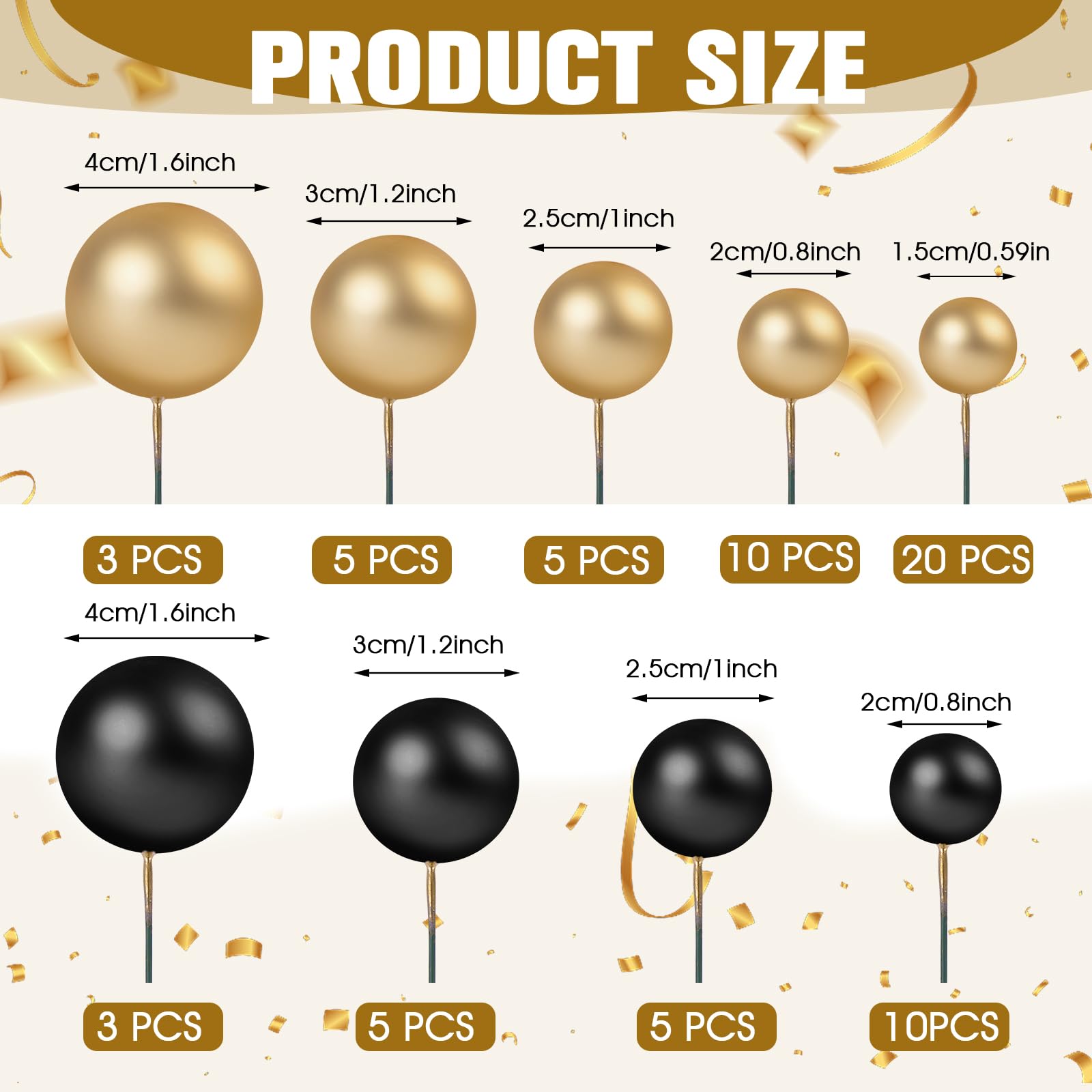 66 Pieces Black And Gold Cake Decorations Ball Cake Topper 4 Size Balloon Cake Topper Gold Cake Topper Balls Black Cake Balls Decorations for Birthday Party Wedding Anniversary Baby Shower(Gold,Black)