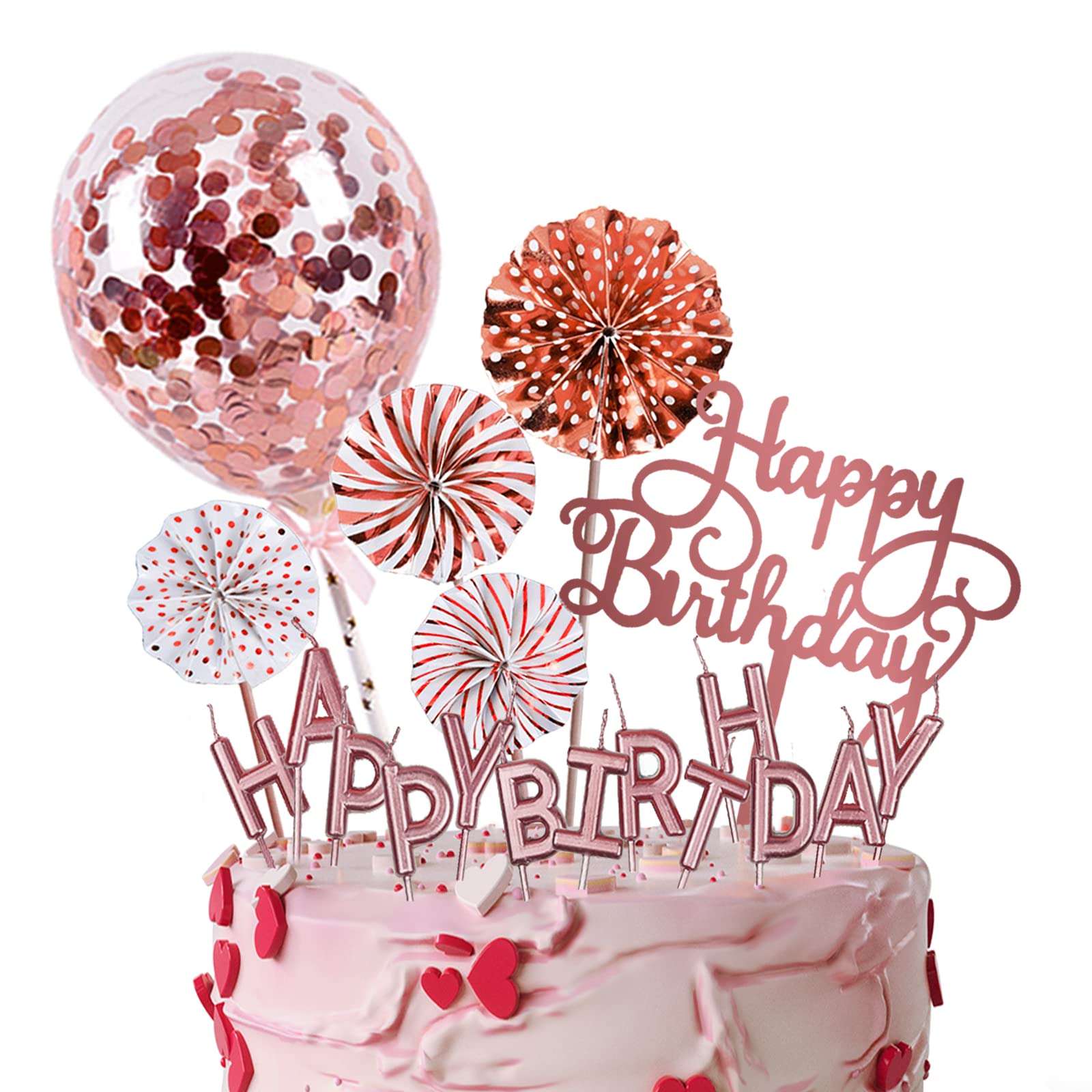 IEALODS Cake Topper Decoration with Happy Birthday Candles, Acrylic, Confetti Balloon and Paper Fans for Rose Gold Theme Birthday Party Décor