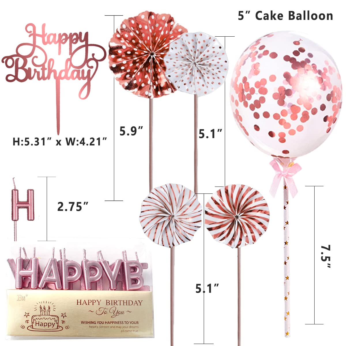 IEALODS Cake Topper Decoration with Happy Birthday Candles, Acrylic, Confetti Balloon and Paper Fans for Rose Gold Theme Birthday Party Décor