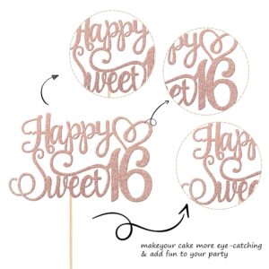 1 PCS Happy Sweet 16 Cake Topper Glitter 16th Birthday Cake Pick Cheers to 16 Years Birthday Cake Decoration for Happy 16th Birthday Anniversary Party Decorations Supplies Rose Gold