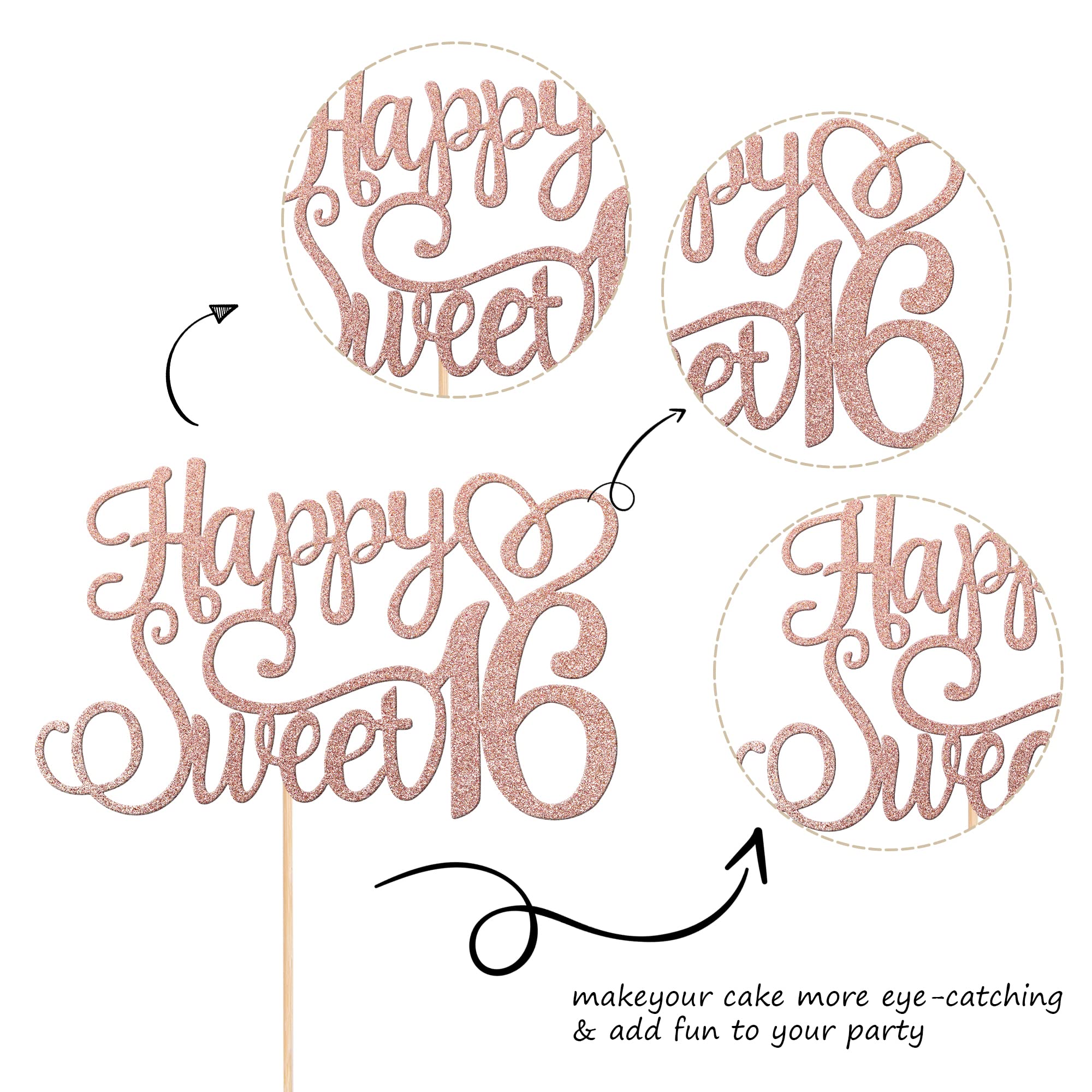 1 PCS Happy Sweet 16 Cake Topper Glitter 16th Birthday Cake Pick Cheers to 16 Years Birthday Cake Decoration for Happy 16th Birthday Anniversary Party Decorations Supplies Rose Gold