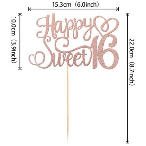 1 PCS Happy Sweet 16 Cake Topper Glitter 16th Birthday Cake Pick Cheers to 16 Years Birthday Cake Decoration for Happy 16th Birthday Anniversary Party Decorations Supplies Rose Gold