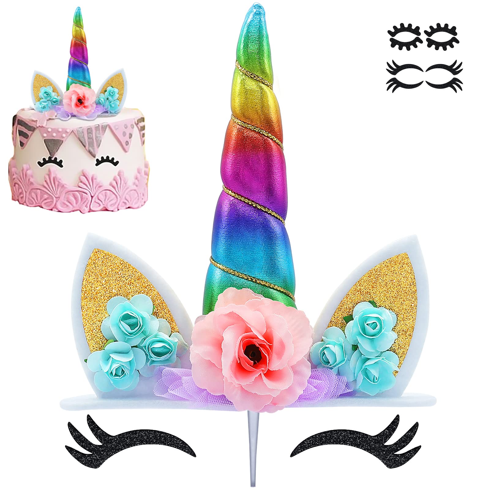 Unicorn Cake Topper Handmade Rainbow Horn Unicorn Cake Topper Unicorn Happy Birthday Party Decoration Supplies Magic Reusable Cake Topper with Eyelashes and Stack for Girls Kid Women, 5.8 Inch