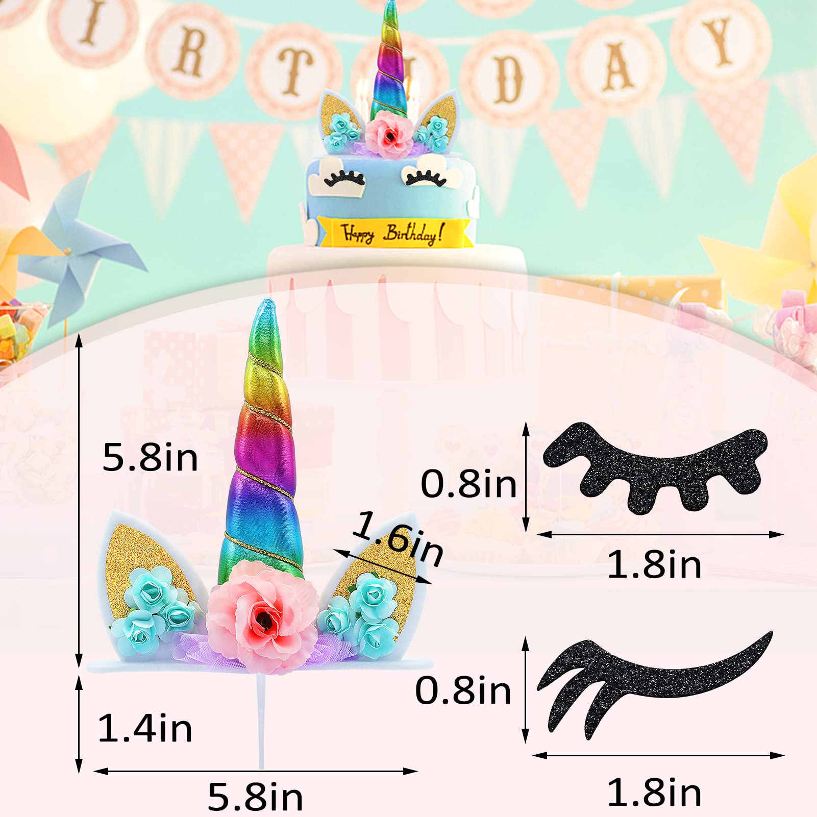 Unicorn Cake Topper Handmade Rainbow Horn Unicorn Cake Topper Unicorn Happy Birthday Party Decoration Supplies Magic Reusable Cake Topper with Eyelashes and Stack for Girls Kid Women, 5.8 Inch