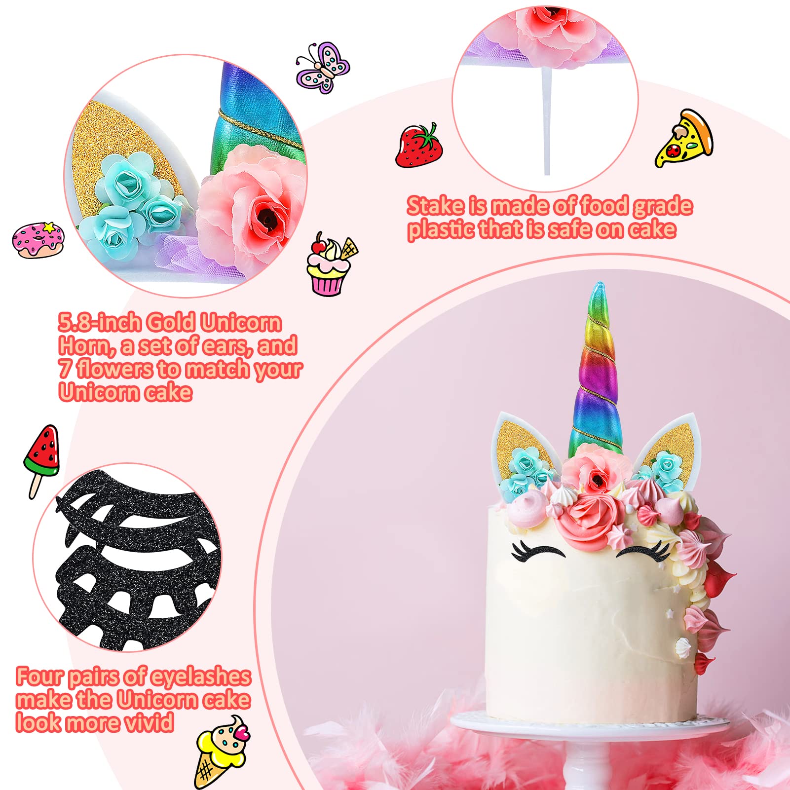 Unicorn Cake Topper Handmade Rainbow Horn Unicorn Cake Topper Unicorn Happy Birthday Party Decoration Supplies Magic Reusable Cake Topper with Eyelashes and Stack for Girls Kid Women, 5.8 Inch