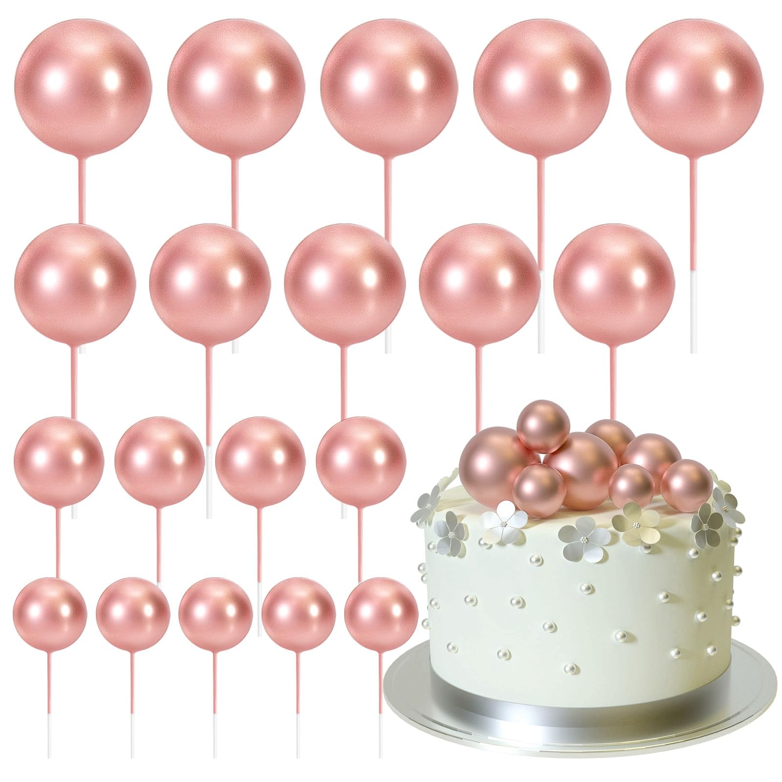 ASTARON 20 Pcs Ball Cake Topper Decorations Mini Balloons Cake Topper Sticks Rose Gold Balls Cake Picks Cake Topper Balls Cake Decorations for Wedding Birthday Cake Decorations