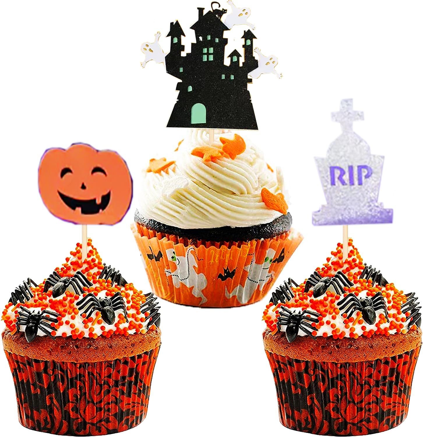 6Pcs Halloween Birthday Cake Topper Halloween Cupcake Topper Haunted House Glitter Spooky RIP Tombstone Pumpkin Bat Cat Spider Skull Cupcake Toppers for Halloween Themed Party Cake Decoration Supplies