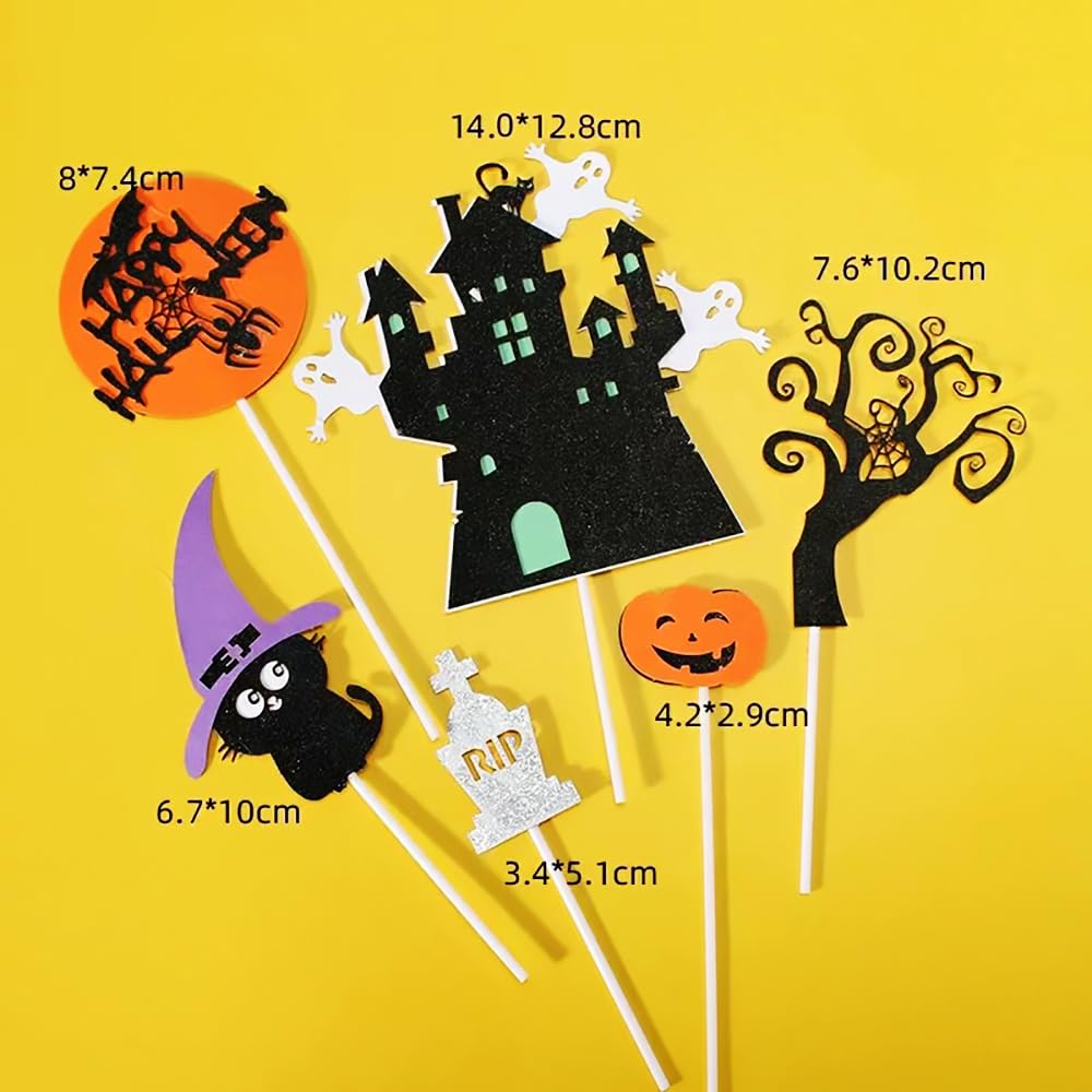 6Pcs Halloween Birthday Cake Topper Halloween Cupcake Topper Haunted House Glitter Spooky RIP Tombstone Pumpkin Bat Cat Spider Skull Cupcake Toppers for Halloween Themed Party Cake Decoration Supplies