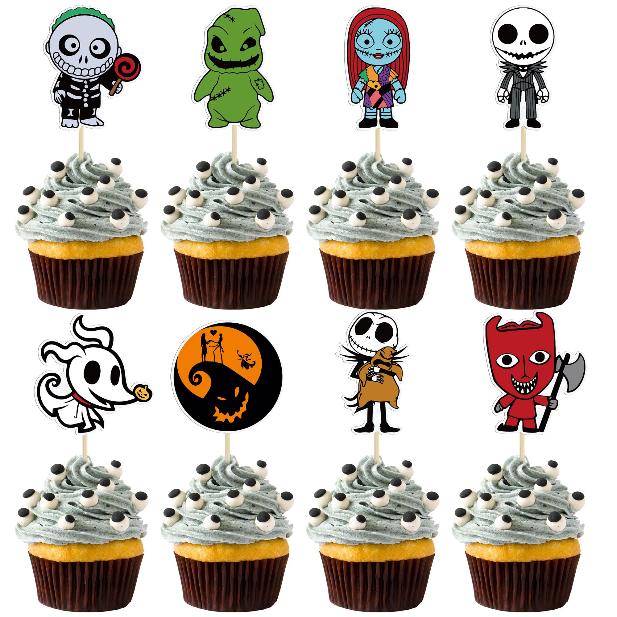 Gyufise 40Pcs Skellington Halloween Cupcake Toppers Glitter Skull Ghost Cupcake Picks for Nightmare Before Christmas Theme Wedding Anniversary Birthday Party Cake Decorations Supplies