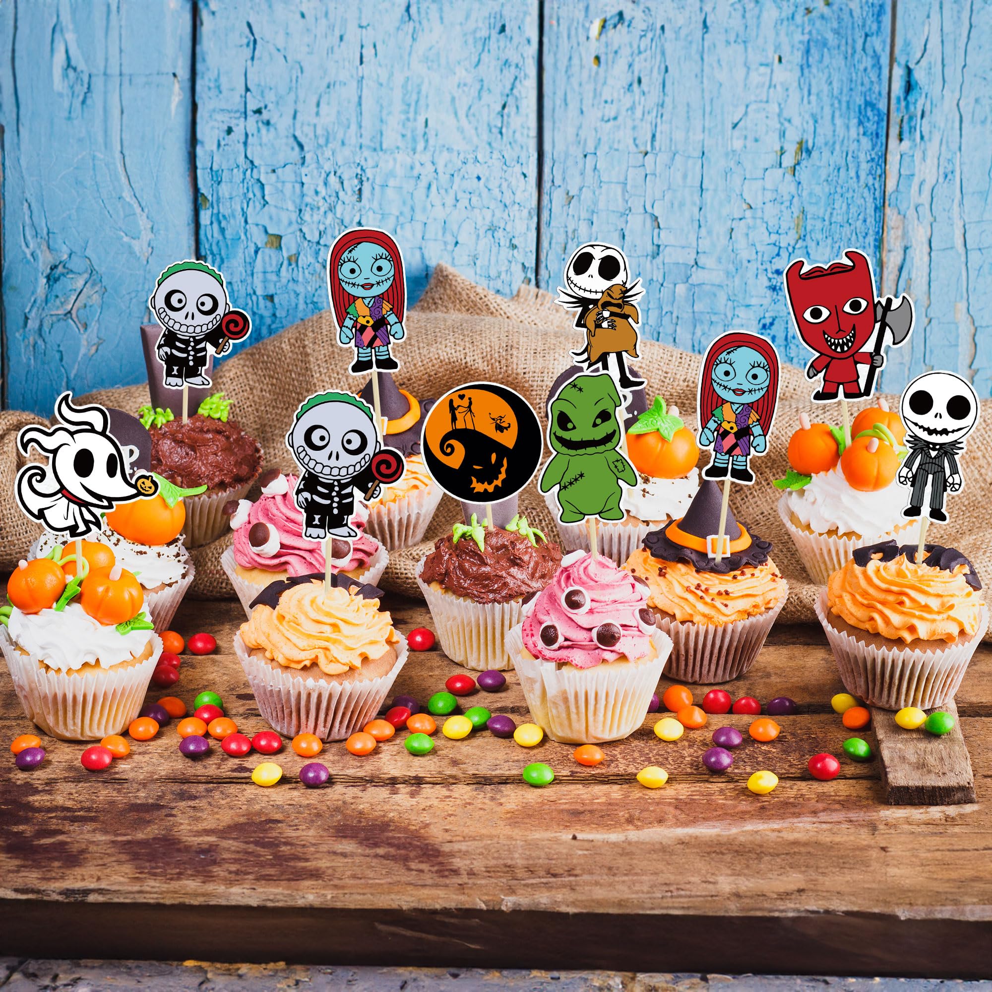 Gyufise 40Pcs Skellington Halloween Cupcake Toppers Glitter Skull Ghost Cupcake Picks for Nightmare Before Christmas Theme Wedding Anniversary Birthday Party Cake Decorations Supplies