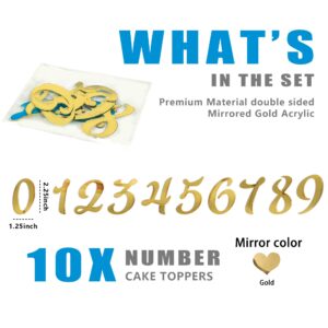 Acrylic Number Cake Topper DIY Cupcake Toppers with 0-9 Numbers Mirrored Gold Picks for Wedding Cake Decorations Happy Birthday Baby Shower Party Supplies (Number)