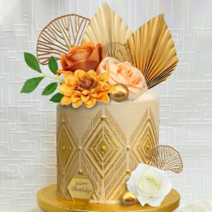 10PCS Boho Cake Topper Flower Cake Topper Gold Palm Leaves Cake Decorations with Artificial Cotton Rose Ginkgo Leaves and Balls for Birthday Party Wedding Baby Shower Boho Themed Party Supplies