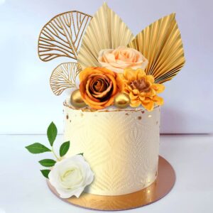 10PCS Boho Cake Topper Flower Cake Topper Gold Palm Leaves Cake Decorations with Artificial Cotton Rose Ginkgo Leaves and Balls for Birthday Party Wedding Baby Shower Boho Themed Party Supplies