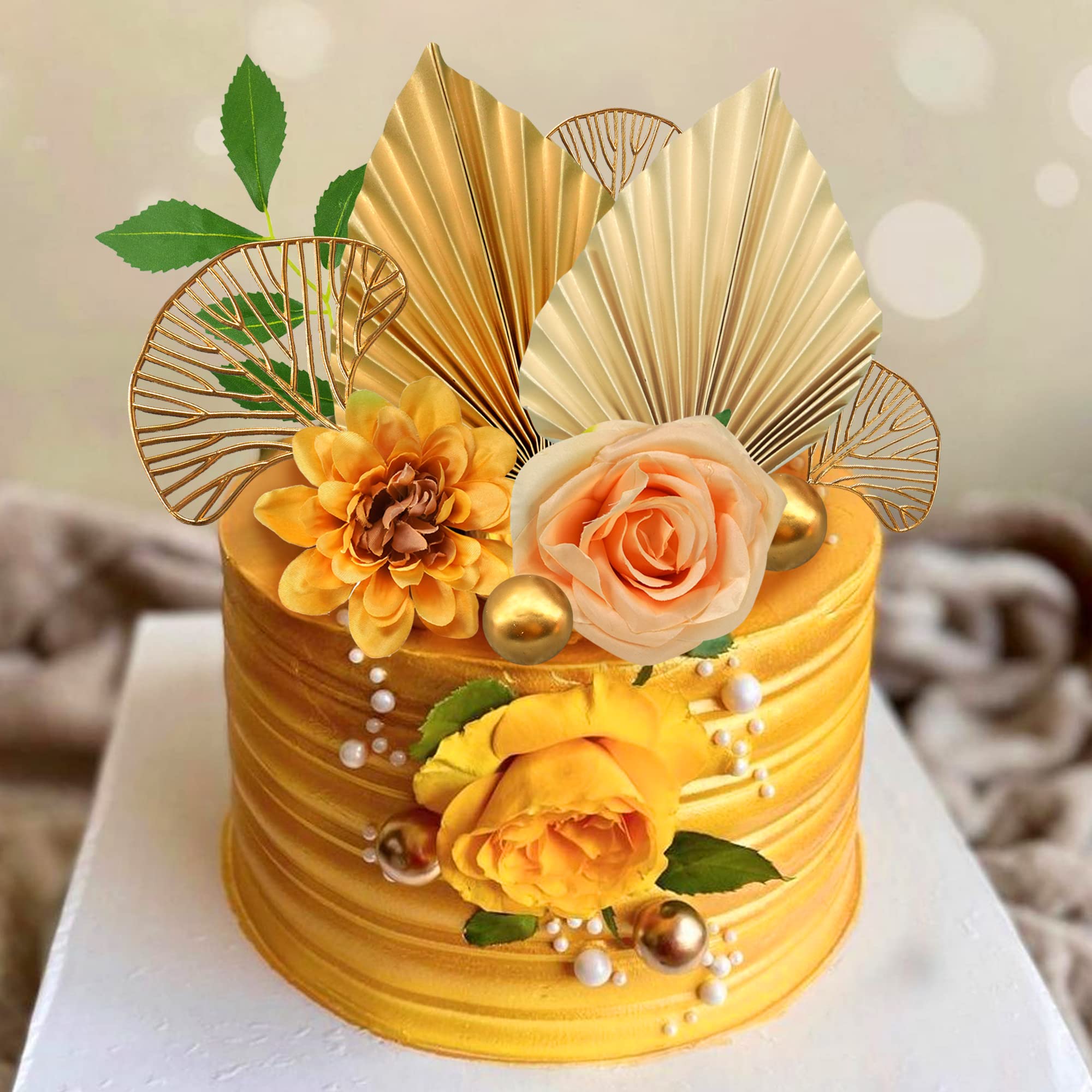 10PCS Boho Cake Topper Flower Cake Topper Gold Palm Leaves Cake Decorations with Artificial Cotton Rose Ginkgo Leaves and Balls for Birthday Party Wedding Baby Shower Boho Themed Party Supplies